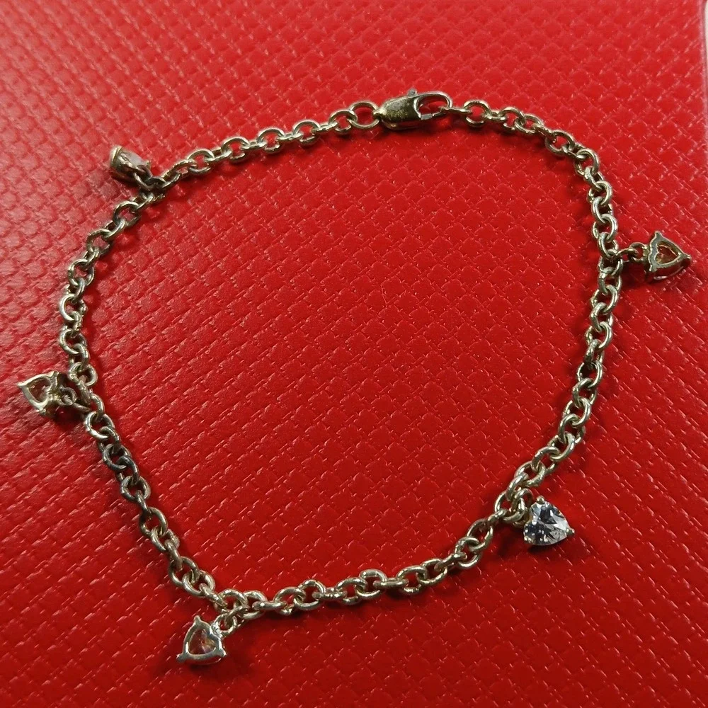 Vintage 1990s Sterling Silver Heart Dangle Charm Bracelet Cubic Zirconia 7 Inch
